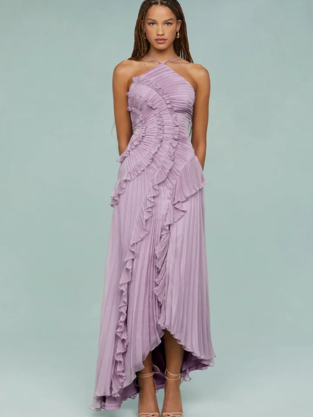 Halter Ruffle Pleated Maxi Dress